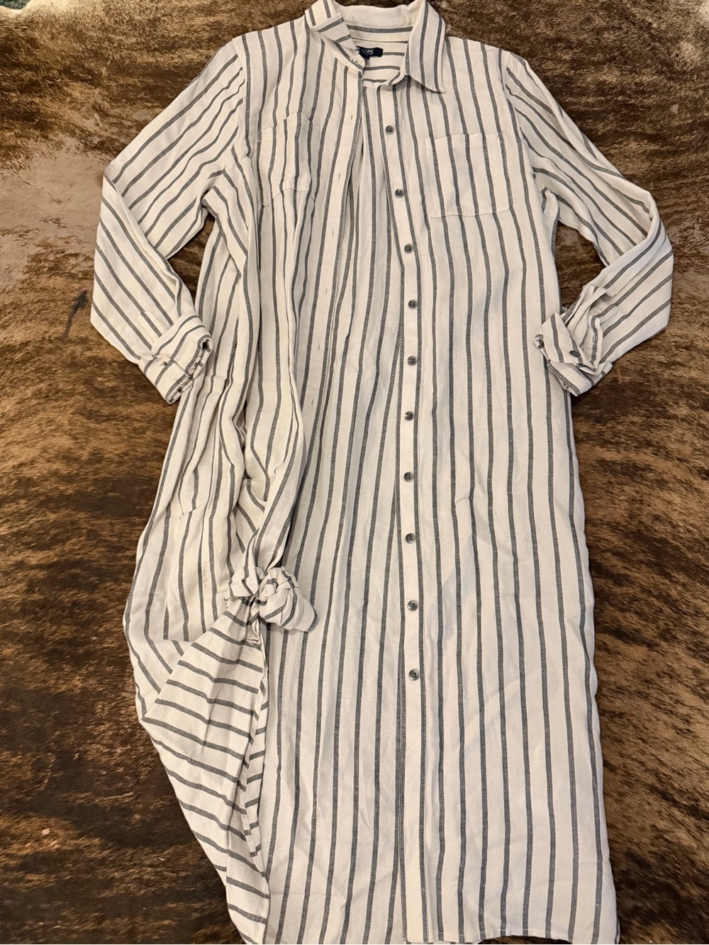 Chaps White Maxi Shirt Dress with Gray Stripes